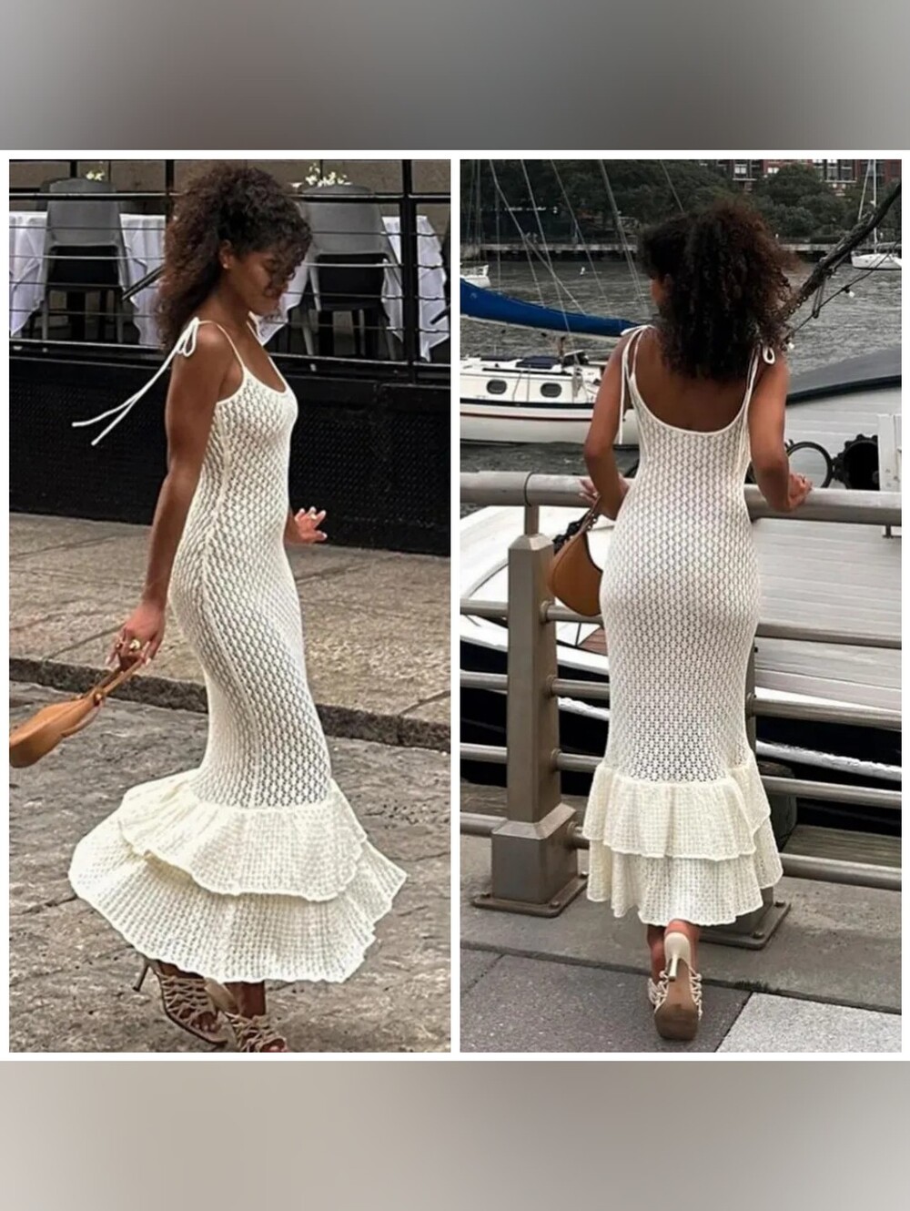 NWT Meshki Bianca Knit Midi Dress Ivory Ruffle Tiered Bodycon XS Crochet Straps